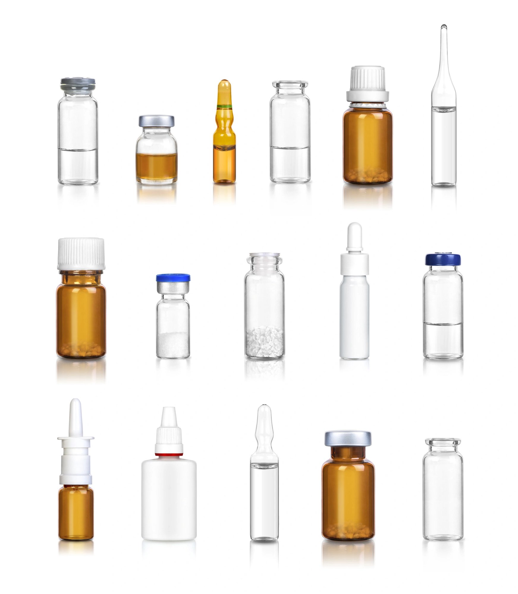 A variety of differently shaped jars and bottles of stable liquids