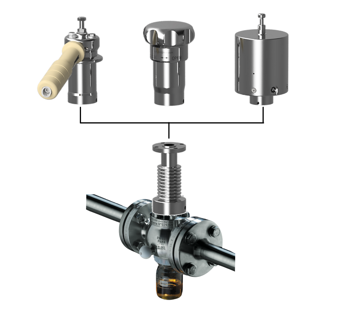 Three different types of drive or actuators that can be used with a BIAR Modular Valve Body