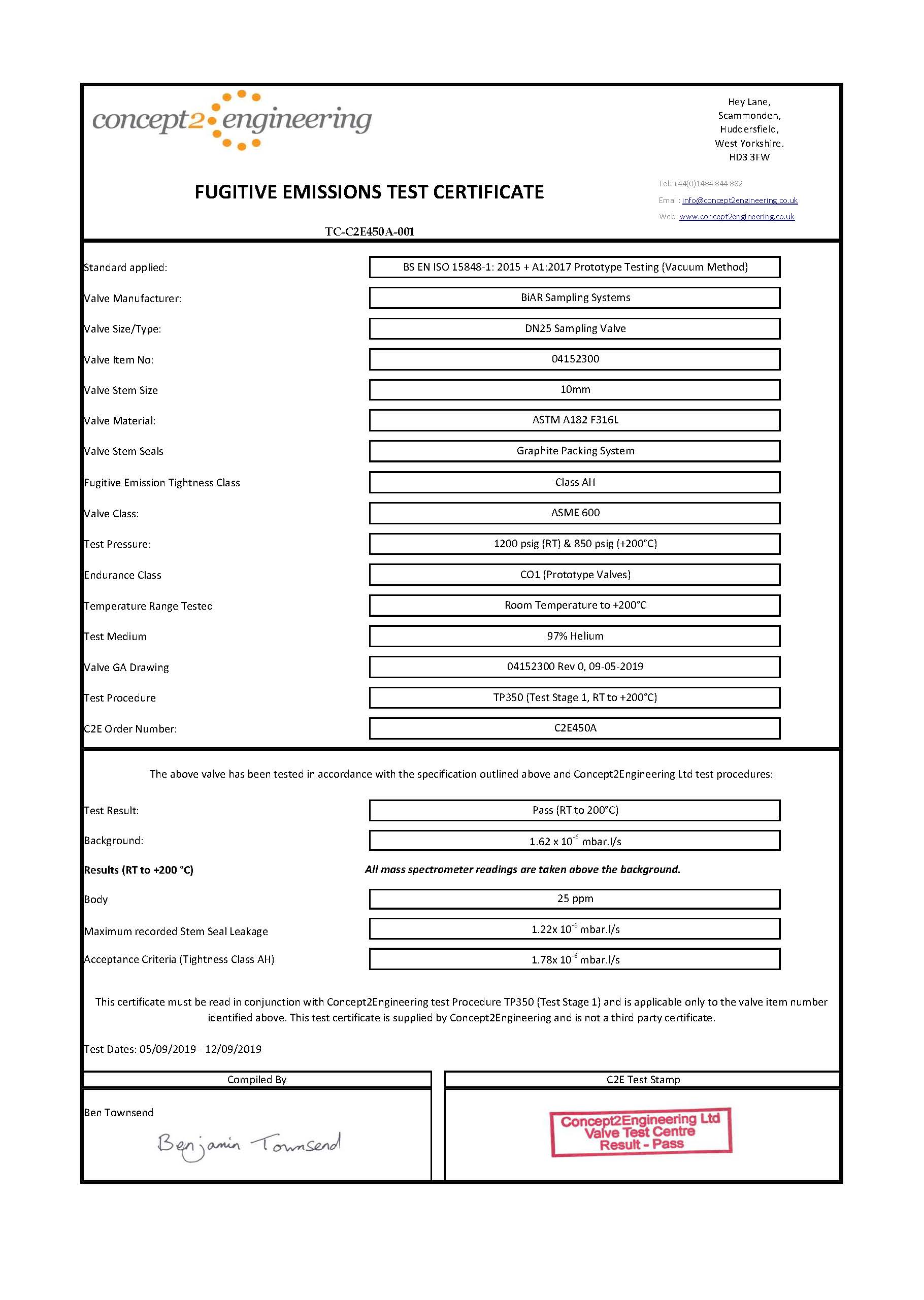 Fugitive Emissions certificate AH Bellows Seal - ISO 15848-1.2015