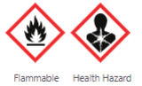 Two icons indicating the potential dangers: one saying "Flammable" and one saying "Health Hazarad"