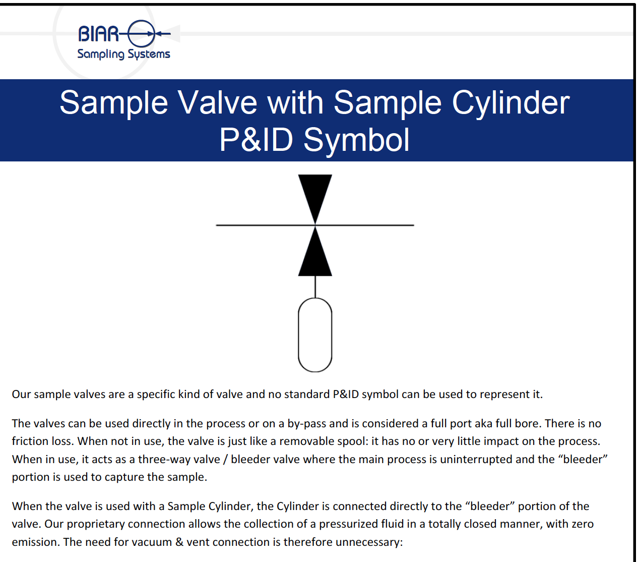 sample valve cylinder P&ID